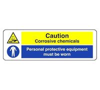 Señal de seguridad con texto en inglés «Caution Corrosive Chemicals Personal Protective Equipment Must Be Worn» - Señal de seguridad - Adhesivo autoadhesivo de alta adherencia (600 mm x 300 mm
