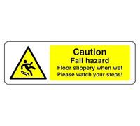 Señal de seguridad con texto en inglés "Caution Fall Hazard Floor Slippery When Wet Please Watch Your Steps" - Señal de seguridad de aluminio de 3 mm para uso en interiores y exteriores (300 mm x 100