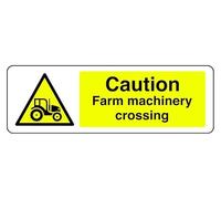 Señal de seguridad con texto en inglés "Caution Farm Machinery Crossing", adhesivo autoadhesivo de alta adherencia (300 mm x 100 mm), distancia de visión dentro de 5 m.