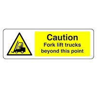 Señal de seguridad con texto en inglés "Caution Fork Lift Trucks Beyond This Point", plástico rígido de 1,2 mm para uso en interiores y exteriores (300 mm x 100 mm), distancia de visión dentro de 5 m.