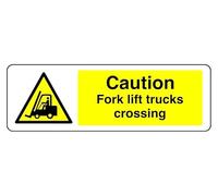 Señal de seguridad con texto en inglés "Caution Fork Lift Trucks Crossing - Adhesivo autoadhesivo de alta adherencia (300 mm x 100 mm), distancia de visión dentro de 5 m.