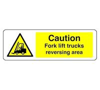Señal de seguridad con texto en inglés "Caution Fork Lift Trucks Reversing Area", adhesivo autoadhesivo de alta adherencia (300 mm x 100 mm), distancia de visión dentro de 5 m.
