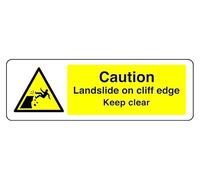 Señal de seguridad con texto en inglés "Caution Landslide On Cliff Edge Keep Clear" - Adhesivo autoadhesivo de alta adherencia (150 mm x 50 mm), distancia de visión dentro de 3 m.