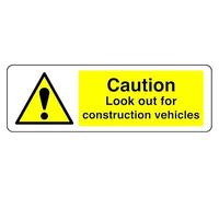 Señal de seguridad con texto en inglés «Caution Look Out For Construction Vehicle» (150 mm x 50 mm), distancia de visión dentro de 3 m.