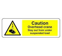 Señal de seguridad con texto en inglés "Caution Overhead Crane Stay Out From Under Suspended load". Adhesivo autoadhesivo de alta adherencia (600 mm x 300 mm), distancia de visión dentro de 14 m.