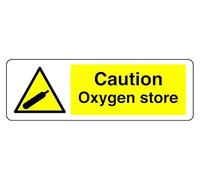 Señal de seguridad con texto en inglés «Caution Oxygen Store» (600 mm x 300 mm), distancia de visión dentro de 14 m.