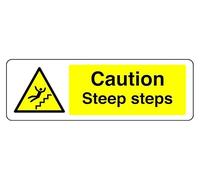 Señal de seguridad con texto en inglés «Caution Steep Steps» (300 mm x 100 mm), distancia de visión dentro de 5 m.