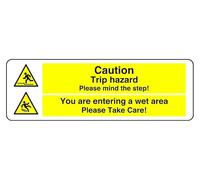 Señal de seguridad con texto en inglés "Caution Trip Hazard Please Mind The Step You Are Entering A Wet Area Please Take Care - Señal de seguridad - Aluminio Dibond de 3 mm para uso en interiores y