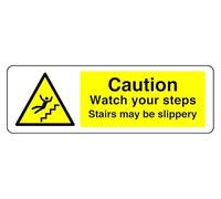 Señal de seguridad con texto en inglés «Caution Watch Your Steps Stairs May Be Slippery» (150 mm x 50 mm), distancia de visión dentro de 3 m.