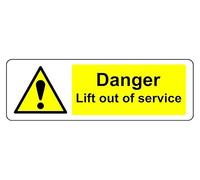 Señal de seguridad con texto en inglés "Danger Lift Out Of Service", adhesivo autoadhesivo de alta adherencia (300 mm x 100 mm), distancia de visión dentro de 5 m.