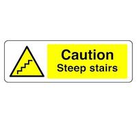 Señal de seguridad con texto en inglés "Precaution Steep Stairs" (150 mm x 50 mm), distancia de visión dentro de 3 m.