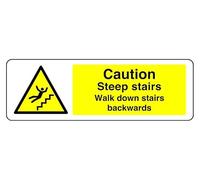 Señal de seguridad con texto en inglés "Precaution Steep Stairs Walk Down Stairs Backwards", adhesivo autoadhesivo de alta adherencia (150 mm x 50 mm), distancia de visión dentro de 3 m.