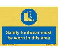 Señal de seguridad con texto en inglés "Safety footwear must be worn in this are", 75 x 50 mm, A8L