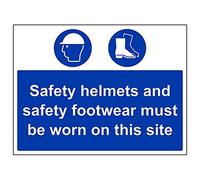 Señal de seguridad con texto en inglés "Safety Helmets and Footwear Must Be Worn..." (3 unidades), 400mm x 300mm, 3