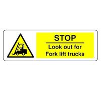 Señal de seguridad con texto en inglés "Stop Look Out For Fork Lift Trucks", adhesivo autoadhesivo de alta adherencia (150 mm x 50 mm), distancia de visión dentro de 3 m.