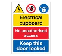 Señal de seguridad con texto en inglés «V Safety Electrical cupboard/No unauthorised access/Keep this door locked 400 x 600 mm - 3 mm reflectante de aluminio compuesto señal de seguridad
