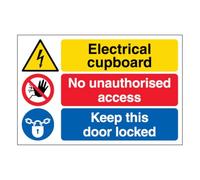 Señal de seguridad con texto en inglés "V Safety Electrical cupboard/No unauthorised access/Keep this door locked - Grande horizontal, 600 x 400 mm, 3 mm, compuesto de aluminio