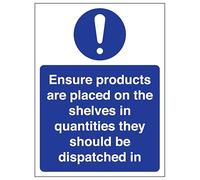 Señal de seguridad con texto en inglés "V Safety Ensure Products Are Placed On The Shelf 200 x 300 mm - 3 mm - Compuesto de aluminio cepillado
