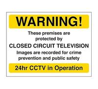 Señal de seguridad con texto en inglés "V Safety Warning! These Premises Are Protected By CCTV, amarillo, 200 x 150 mm, 3 mm, compuesto de aluminio