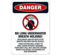 Señal de seguridad de metal con texto en inglés "No Long Underwater Breath Holding Can Result in Passing Out and Drowning", señal de seguridad de metal n.º 2509, 8 x 12 pulgadas, advertencia clara