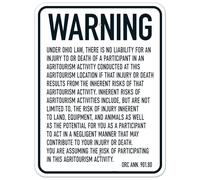 Señal de seguridad de metal con texto en inglés "Warning Under Ohio Law There Is No Liability For An Injury Or Death Of A Participant In An Agroturism" NO.2962 (20.3 x 30.5 cm), advertencia clara para