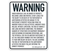 Señal de seguridad de metal NO.11203 con texto en inglés "Warning Under Nebraska Law An Owner Of Property including Lands And Waters Is Not Liable For The Injury" (Advertencia bajo la ley de Nebraska