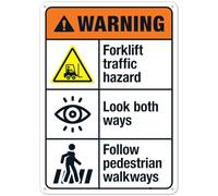 Señal de seguridad de metal NO.28852 con texto en inglés «Forklift Traffic Hazard Look Both Ways Follow Peatonian Walkways», señal de advertencia ANSI, señal de seguridad de metal, n.º 28852, 8 x 12