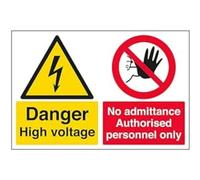 Señal de seguridad de plástico rígido VSafety Danger High Voltaje/No Admit. Auth. Personnel Only-800 x 600 mm, 2 mm