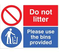 Señal de seguridad de PVC rígida con texto en inglés «Do not litter Please use the bins provisioning»