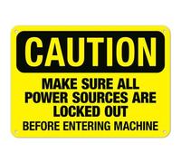 Señal de seguridad metálica con texto en inglés «Make Sure All Power Sources Are Locked Out Before Entering Machine» de OSHA para instalaciones (8 x 12 pulgadas), advertencia clara para uso doméstico