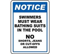 Señal de seguridad para nadadores con texto en inglés «Swimmers Must Wear Bathing Suits Property/Security Swimming Rules Pool Rules Metal Tin 8 x 12 pulgadas para el hogar o el trabajo