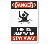 Señal de seguridad SmartSign, leyenda"peligro: Thin Ice de profundidad agua, negro/rojo sobre blanco, 18" x 12", Black/Red on White, 1