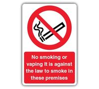 Señal de seguridad V con texto en inglés "No Smoking Or Vaping It Is Against The Law To Smoke In These Local", 200 x 300 mm, plástico rígido de 1 mm, señalización de prohibición, fabricado en Gran
