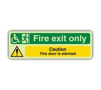Señal de seguridad V Safety Glow In The Dark Fire Exit Only Caution This Door Is Alarmed, 300 x 100 mm, hecha de vinilo autoadhesivo de triple brillo, señalización de seguridad contra incendios
