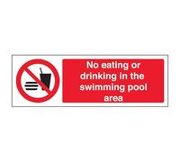Señal de seguridad V Safety No Eating Or Drinking In The Swimming Pool Area - Paisaje 300 x 100 mm, 2 mm, plástico rígido