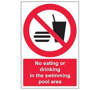 Señal de seguridad V Safety No Eating Or Drinking In The Swimming Pool Area - Retrato de 200 x 300 mm, 2 mm, plástico rígido