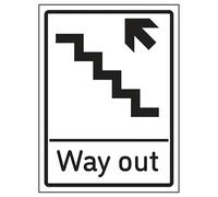 Señal de seguridad V Safety Way Out Flecha arriba escaleras izquierda, 150 x 200 mm, 2 mm, plástico rígido