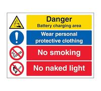 Señal de seguridad VSafety Danger Battery/PPE/No Smoking/No Naked Light-800 x 600 mm 3 mm compuesto de aluminio con canal de fijación
