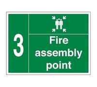 Señal de seguridad VSafety Fire Assembly Point w/Family No. 3 - 800 x 600 mm, clase RA1, reflectante, 3 mm, compuesto de aluminio con revestimiento antigraffiti