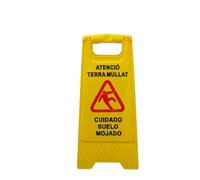Señal de Suelo Mojado Plegable Amarilla | Cartel de Seguridad Antideslizante de Polipropileno | Aviso Piso Mojado en Castellano, Inglés y Catalán | Uso Profesional (Català/Castellano)