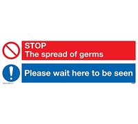 Señal de vinilo con texto en inglés "Stop germs Please wait here to be view"