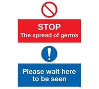 Señal de vinilo con texto en inglés "Stop germs Please wait here to be view"