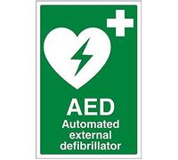 Señal general de primeros auxilios VSafety 31033AU-S «AED Automated External Defibrillator», autoadhesiva, vertical, 200 mm x 300 mm, color verde, idioma español no garantizado