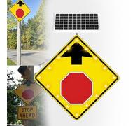 Señal Iluminada Solar "Pare Más Adelante" De 24x30 Pulgadas; Aluminio Reflectante De Grado Diamante; Flecha LED Intermitente; Señal De Advertencia Vial Para Carreteras Y Exteriores.(24in)