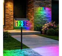 Señal solar de dirección, números de casa con luz solar para exteriores, 8 modos de iluminación RGB que cambian de color, placa de número de casa iluminada impermeable con estaca, números de dirección