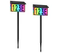 Señal solar de dirección, números de casa con luz solar para exteriores, 8 modos de iluminación RGB que cambian de color, placa de número de casa iluminada impermeable con estaca, números de dirección