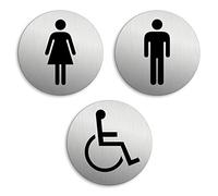 Señales Aseos Baño Mujeres Hombres Minusválidos Conjunto de 3 Ø 75 mm Cartel Placa Aluminio cepillado adhesivo