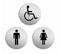 Senales Baño Aseos WC Mujeres Hombres Minusválidos Conjunto de 3 Ø 100 mm Cartel Placa Aluminio cepillado adhesivo