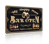 Señales de metal con texto en inglés "My Happy Place Bar Open" Sign Decor for Home Bar Man Cave Vintage Wall Accessories Pub Beer Cheers Decorations Gifts 12 x 8 pulgadas (25122)