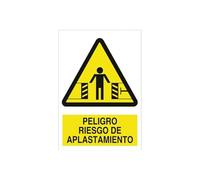 Señales de PELIGRO RIESGO APLASTAMIENTO en poliestireno (plástico) de 1,5mm y Adhesivas disponibles las dos gamas en varios tamaños.